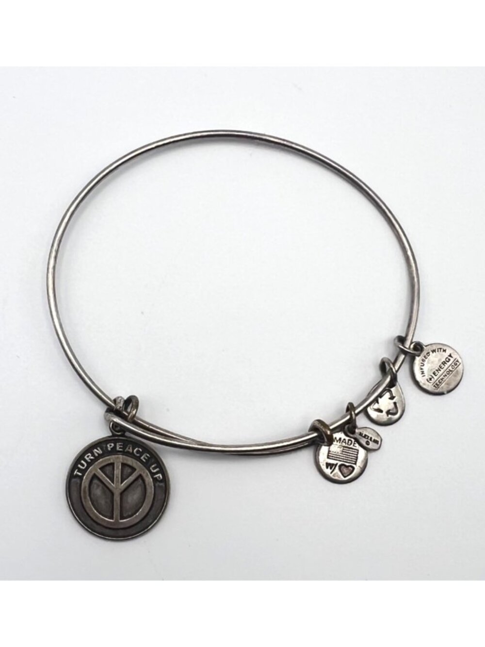 Alex And Ani 2014 Turn Peace Up Silver Tone Adjustable Charm Bangle Bracelet